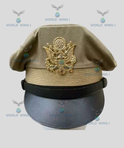WWII US Army Officers Crusher Service Khaki Visor Cap – Military Style Pilot Hat – Khaki Army Color