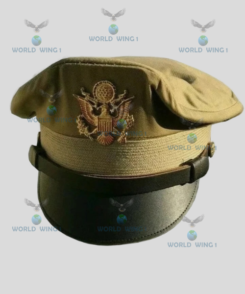 WWII US Army Officers Crusher Service Khaki Visor Cap – Military Style Pilot Hat – Khaki Army Color - Image 4